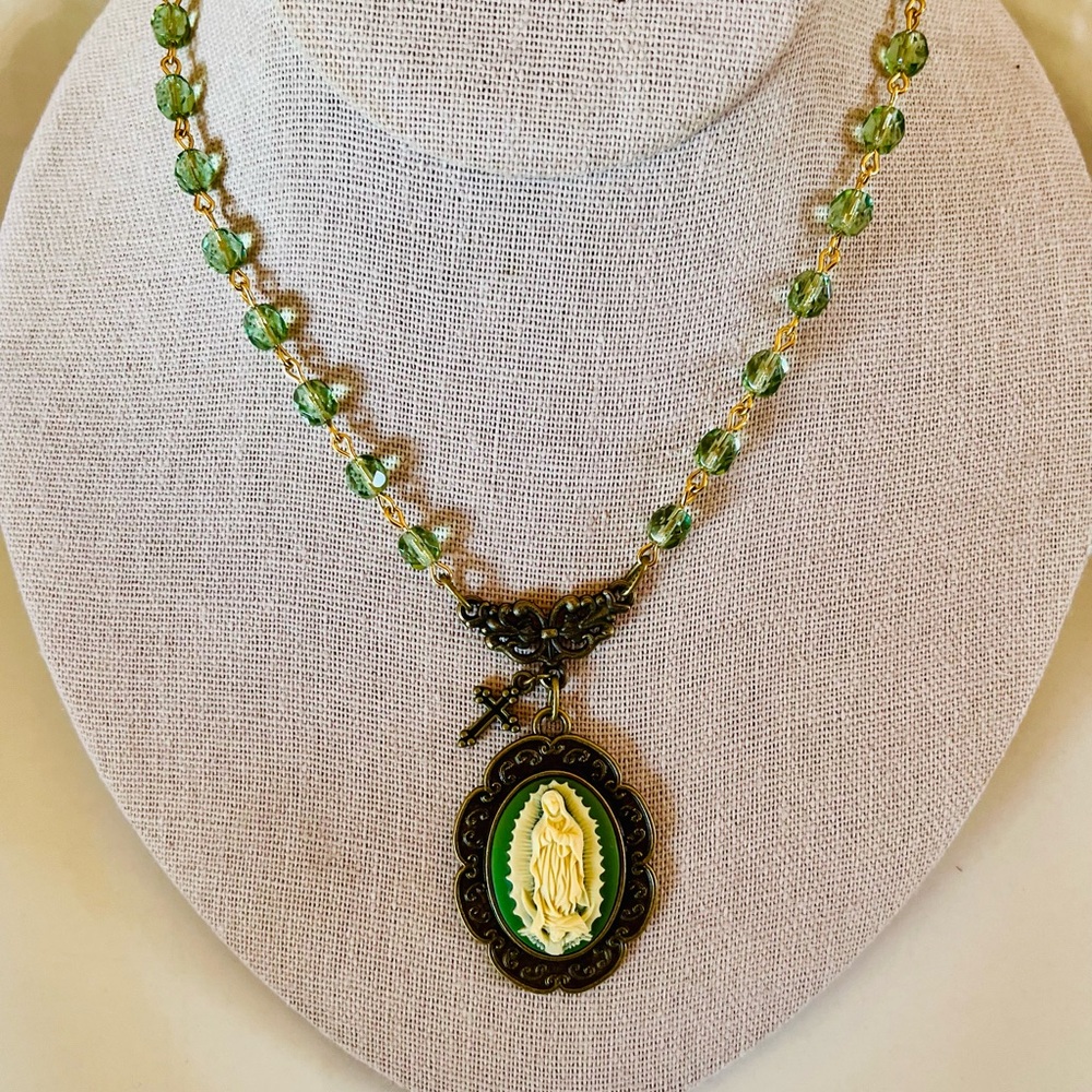 Vintage Style Guadalupe Cream on Green Cameo Necklace, Austrian Peridot Crystals